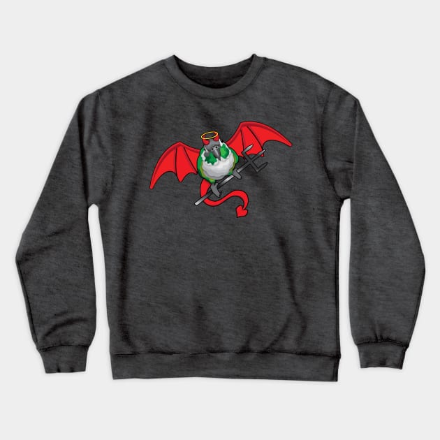 Green cheek Conure Red Devil Horns Holding Up Halo Crewneck Sweatshirt by TheStuffInBetween